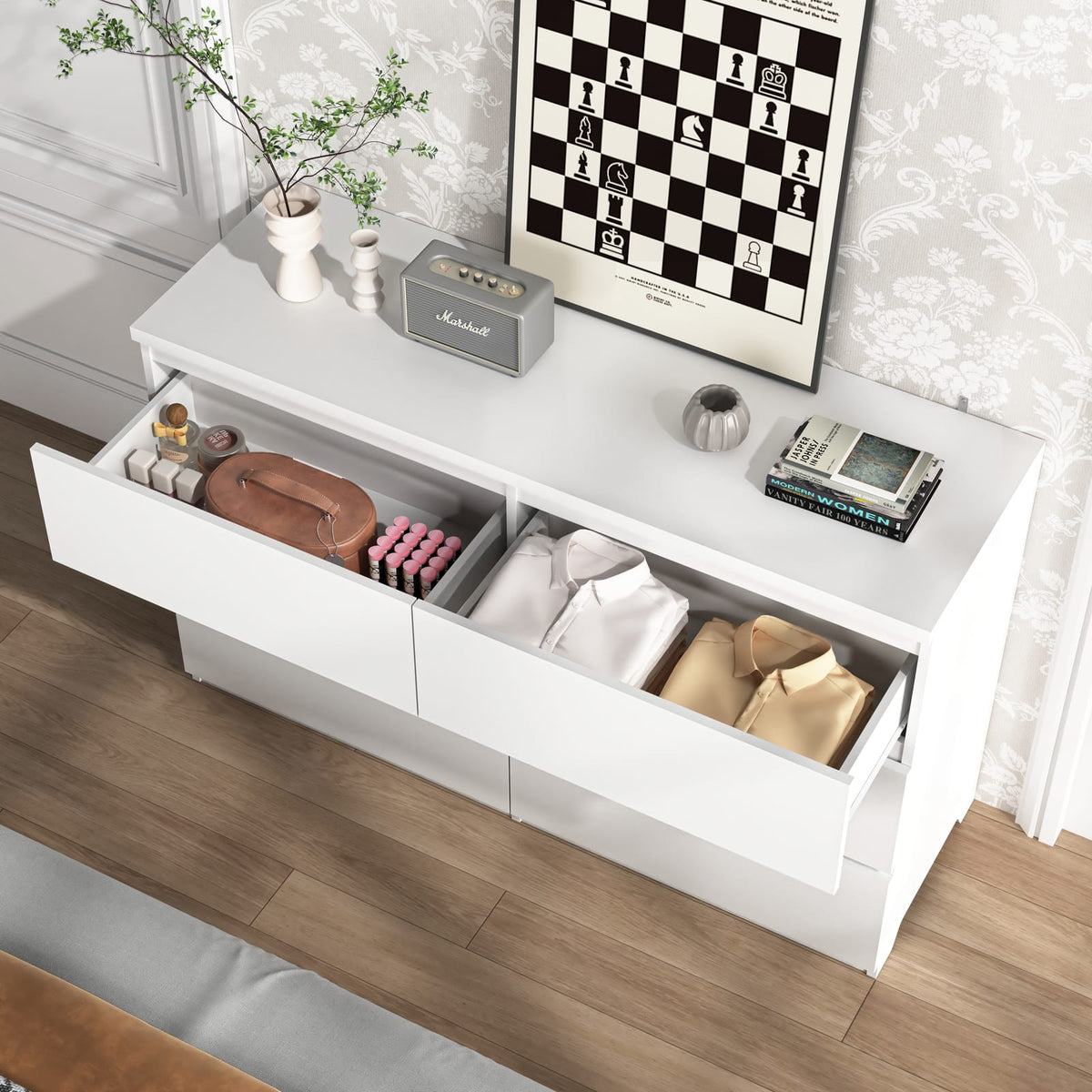 White 6 Drawer Particle Board Dresser for Bedroom Storage