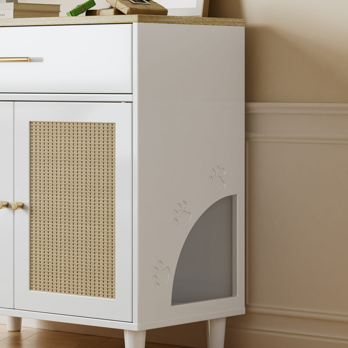 White Cat Litter Box Cabinet - 31.75" Storage with Scratch Pad