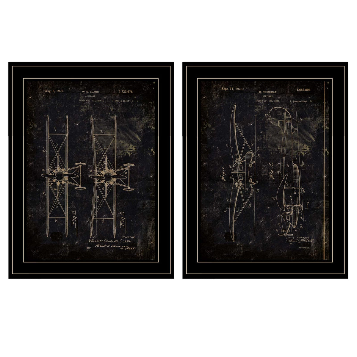 Black Airplane Patent Vignette Wall Art - 2 Piece Set