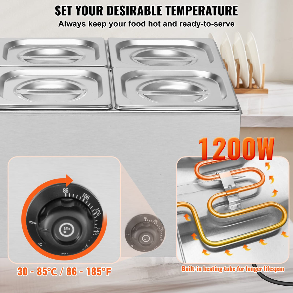 Commercial Food Warmer - 6 Pan Stainless Steel Buffet, 14.3QT