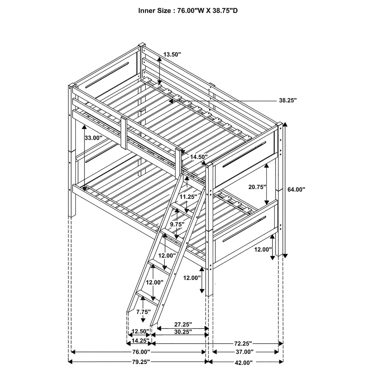 Grey Twin Bunk Bed with Ladder - Small Bedroom