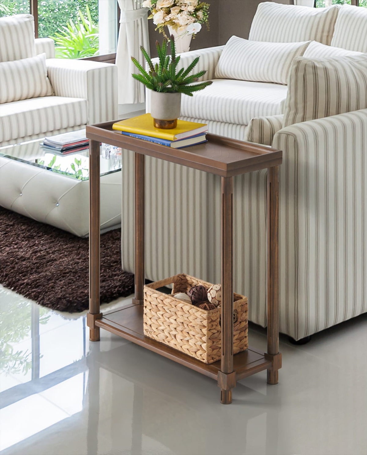 Chestnut Solid Wood Side Table Set 2-Tier for Living Room