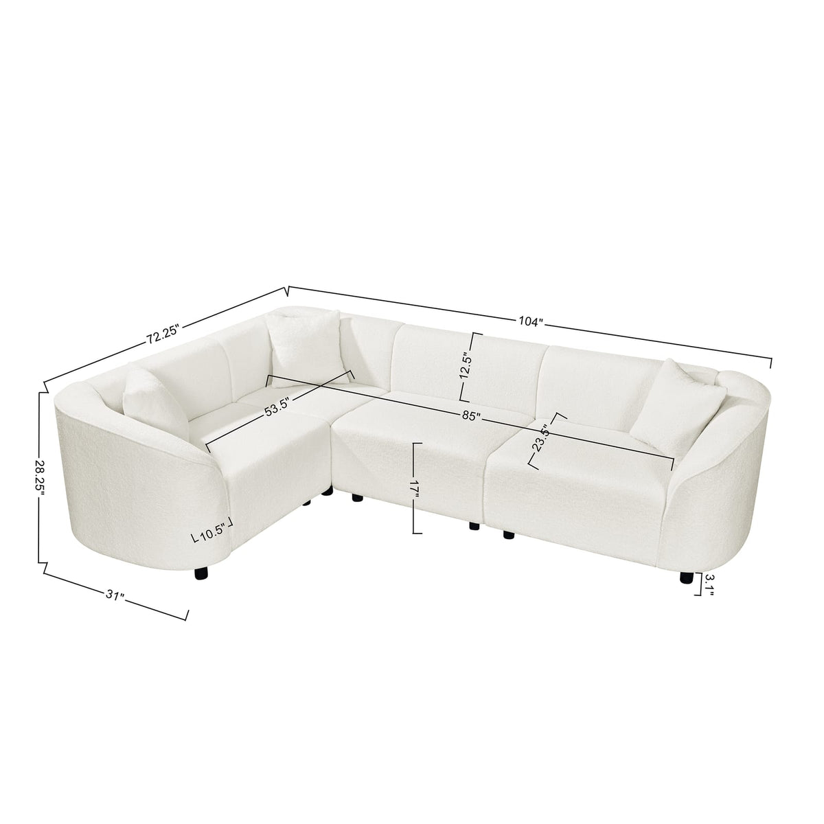 104" L-Shaped Curved Contemporary Sectional Sofa in Beige: Plush 4-Seater,