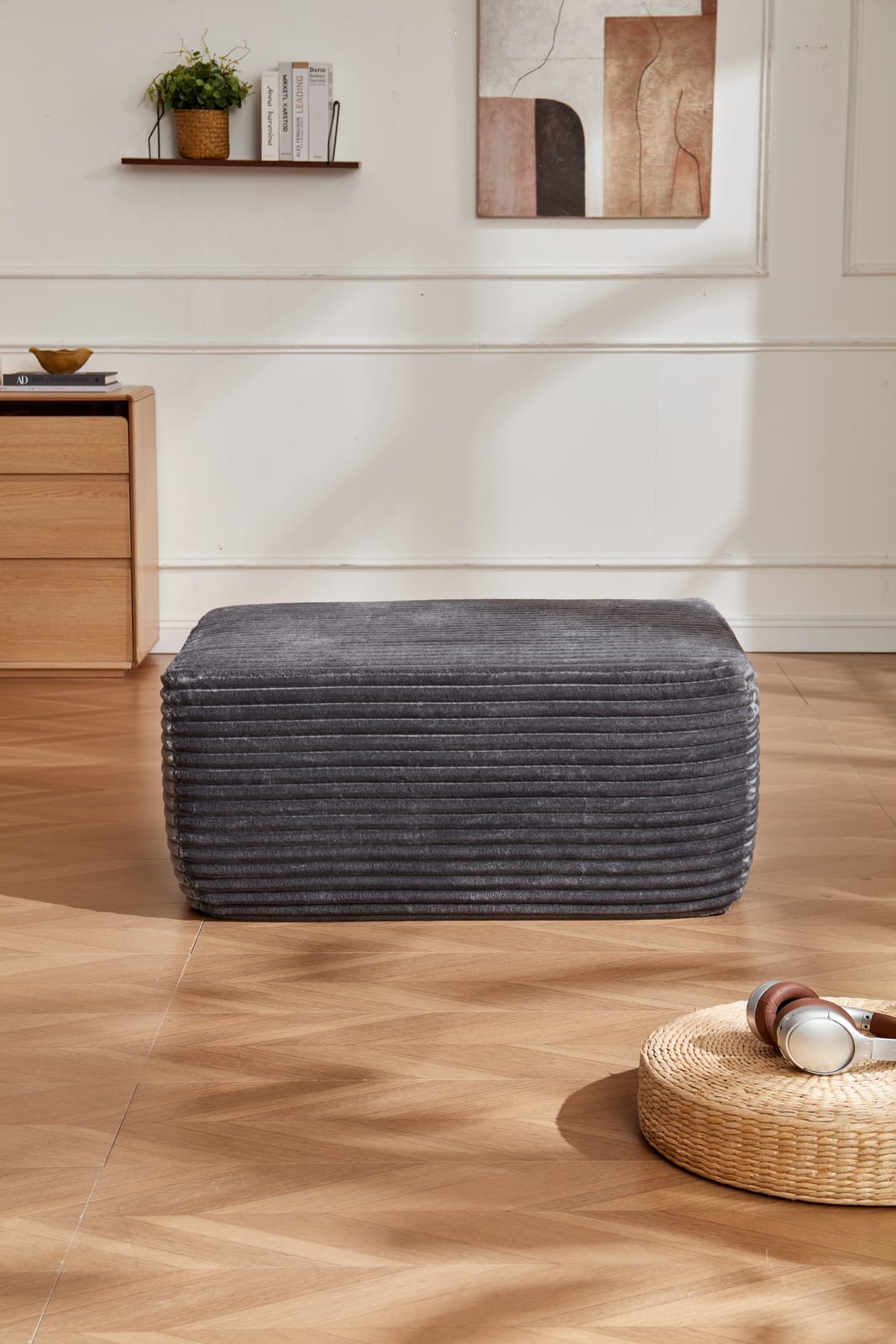 Grey Plush Corduroy Ottoman - Comfortable Storage Accent