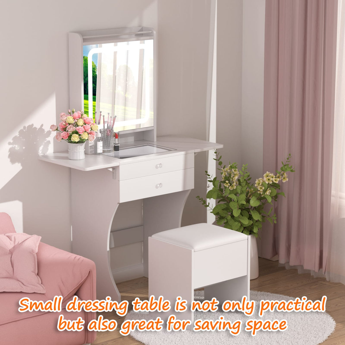 White MDF Makeup Vanity with Stool - Bedroom Storage