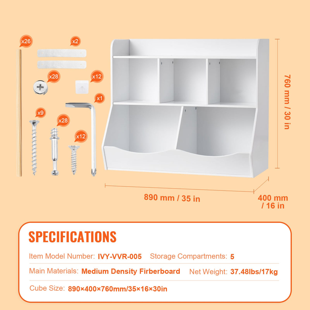 Wood Kid Storage Cubby - 5-Cubby Toy Organizer, White MDF