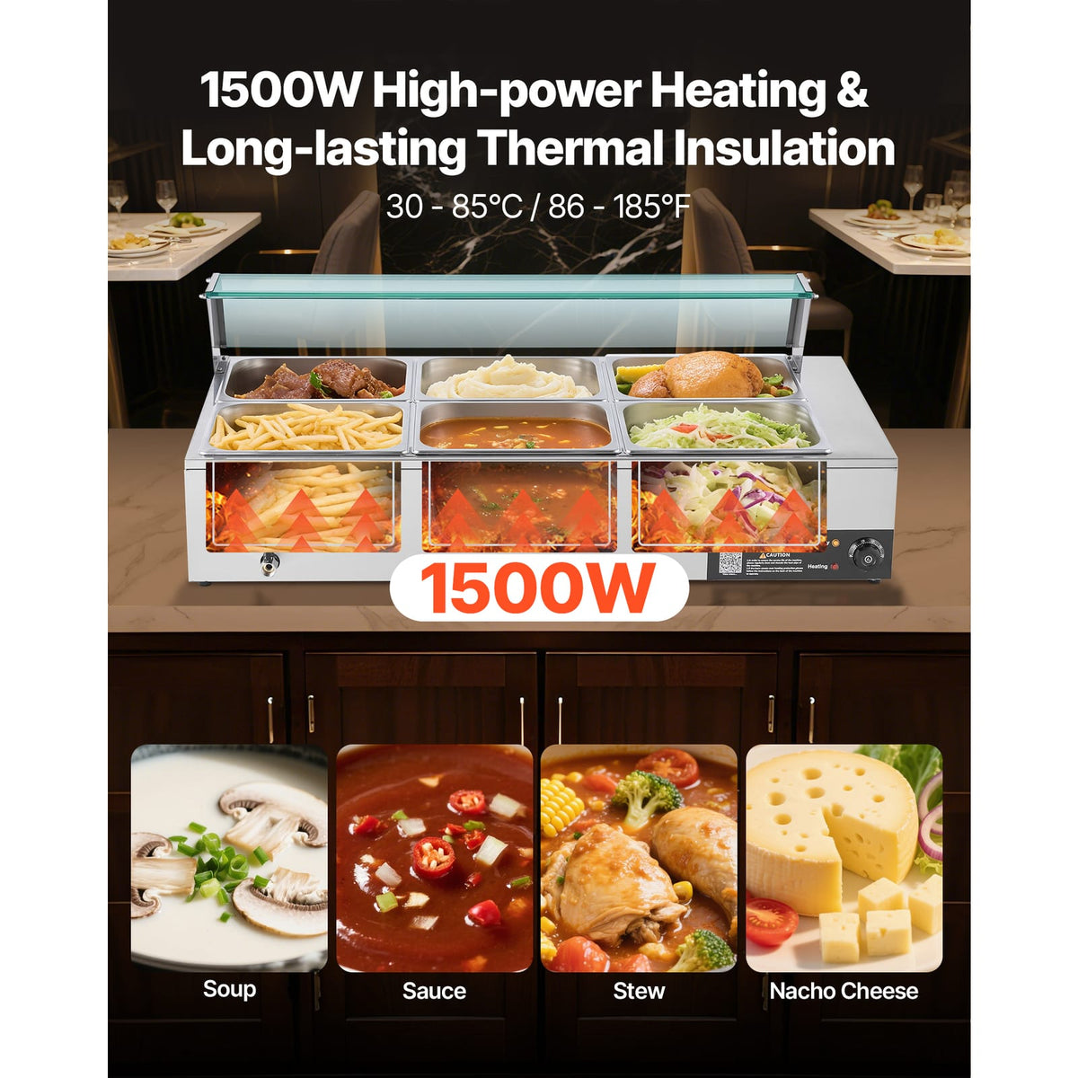 Silver Stainless Steel Food Warmer - 1500W Buffet Bain Marie
