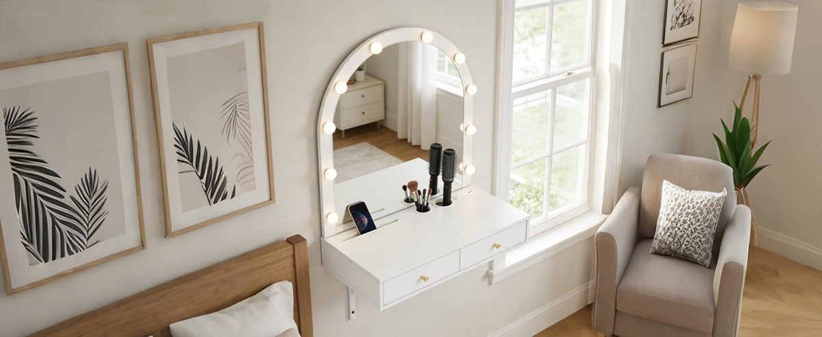 Floating Makeup Vanity Desk - White with Mirror & Storage