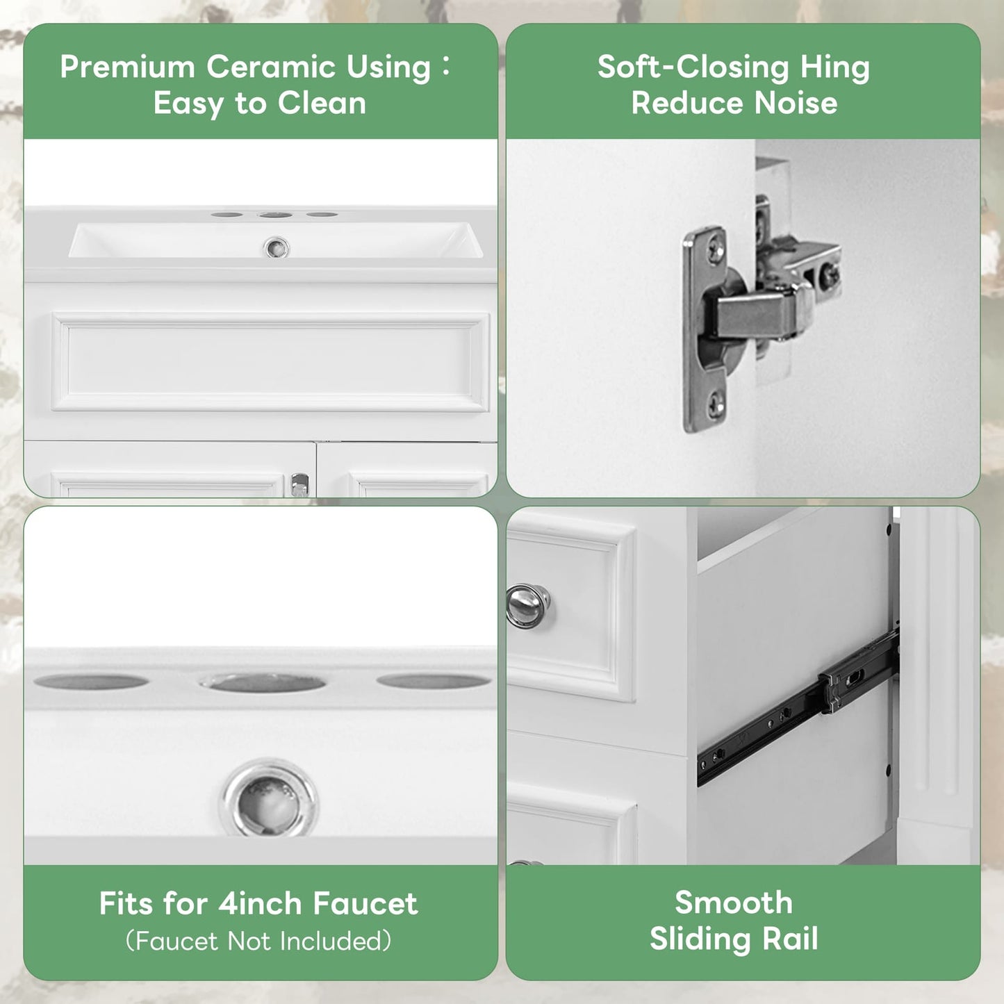 24 Inch White Bathroom Vanity with Ceramic Sink and Two Drawers