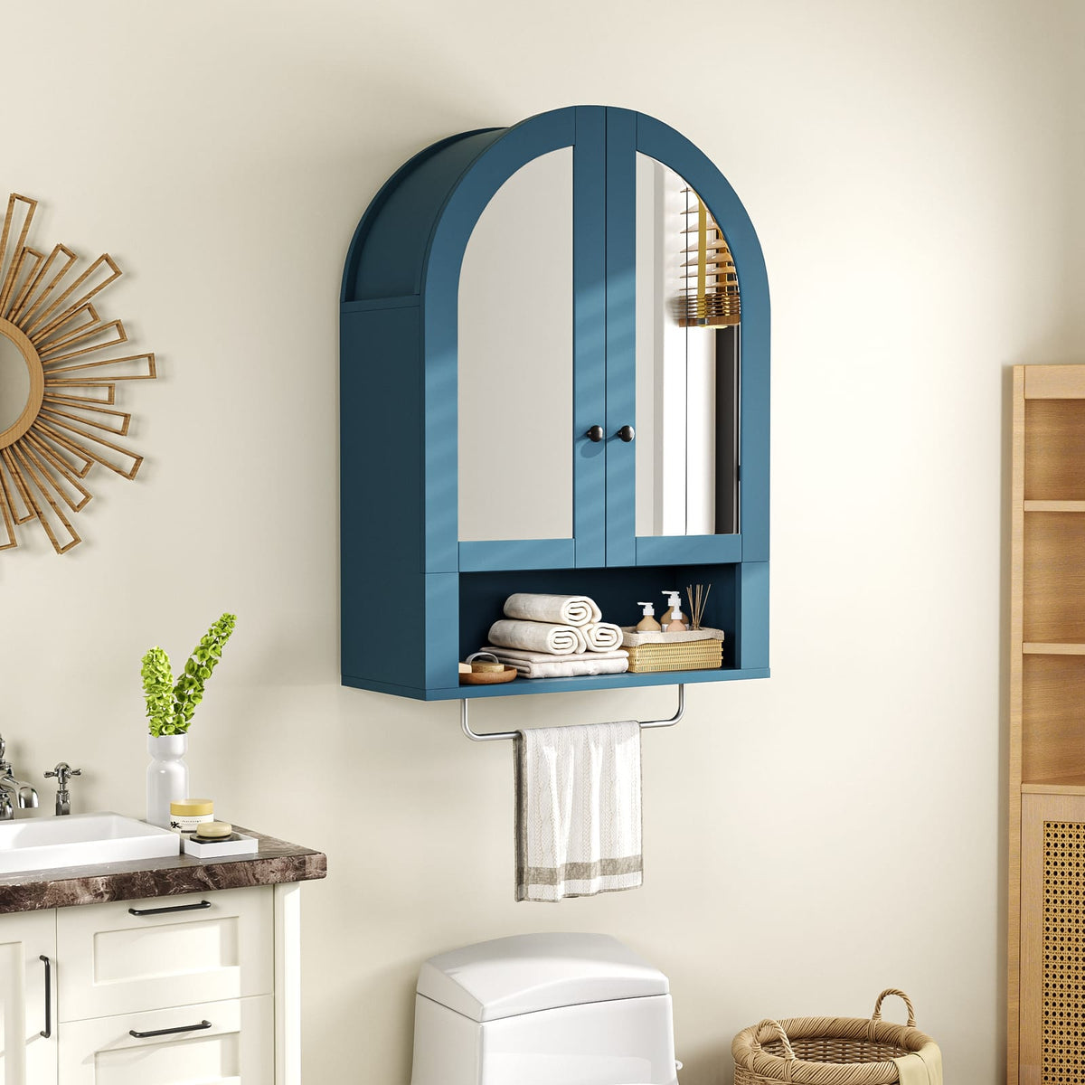 Turquoise MDF Bathroom Cabinet with Glass Doors - 23.7" W for Living Room