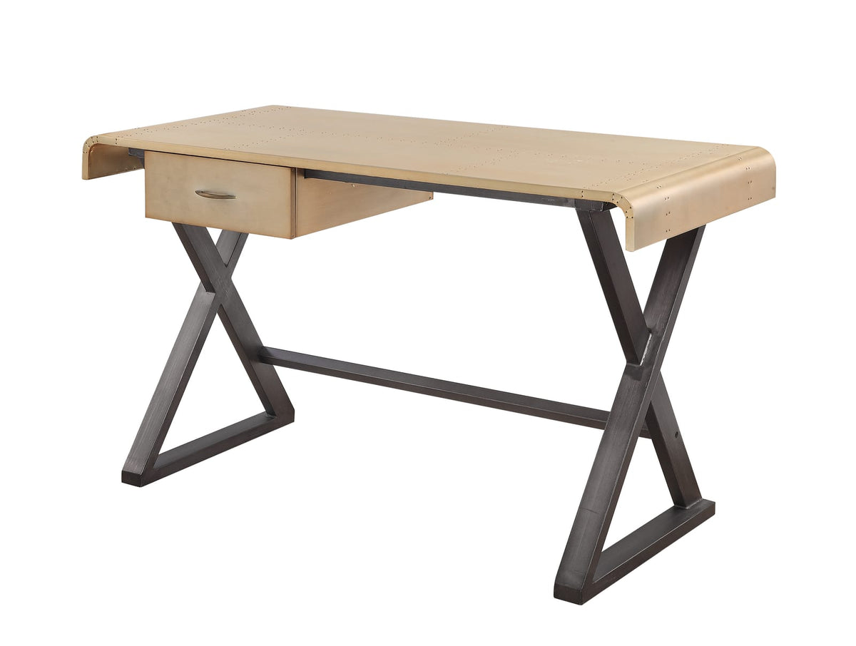 Gold Aluminum Writing Desk with Leather Accents for Workspace for Home Office