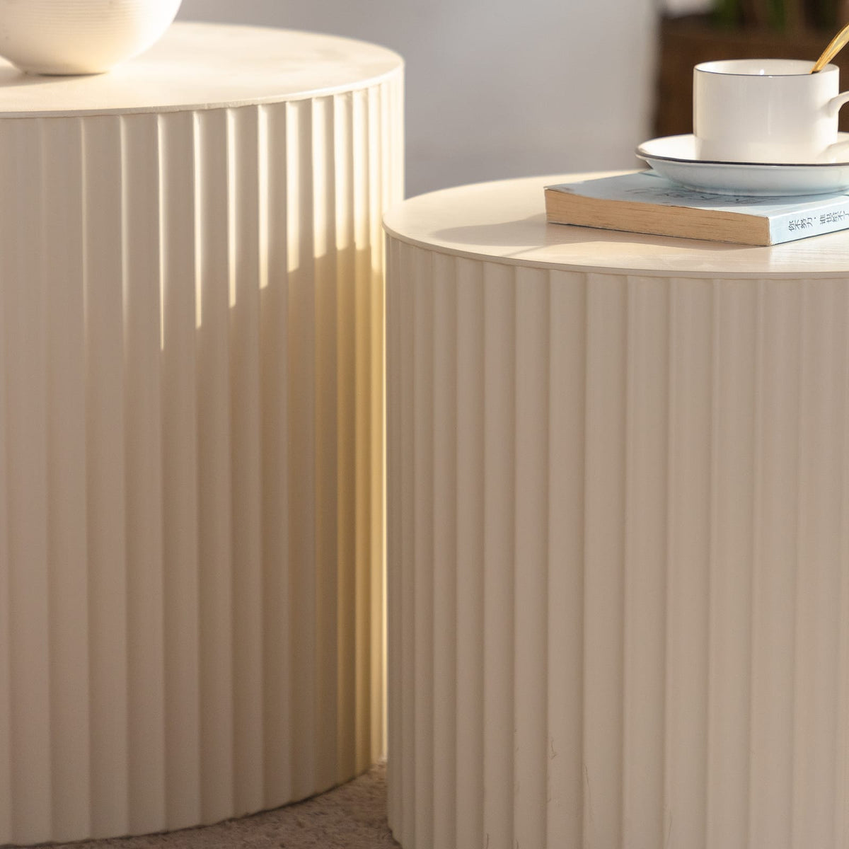 Beige White Round Nesting Coffee Table Set of 2