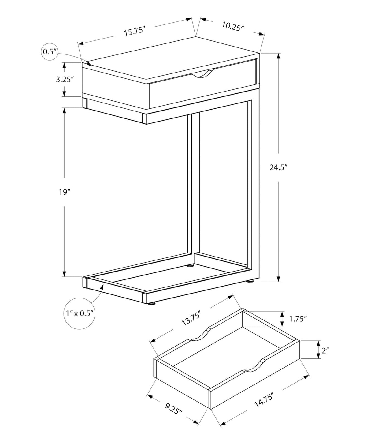 Grey C-Shaped Accent Table with Storage Drawer