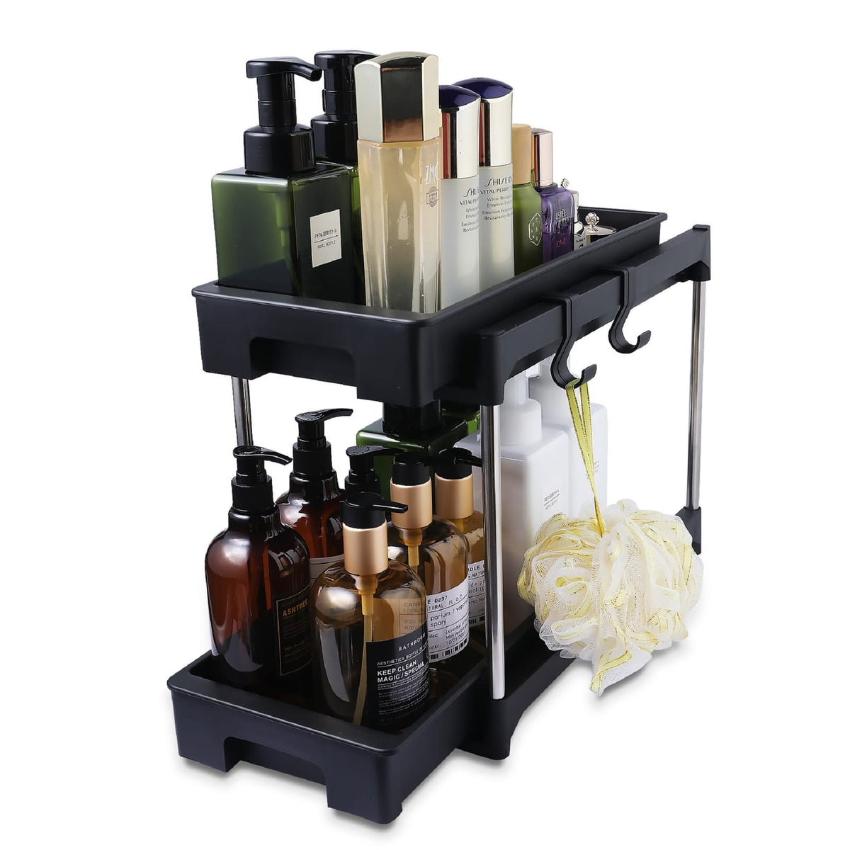 Black Plastic Under Sink Storage Cabinet with Double Drawers for Living Room