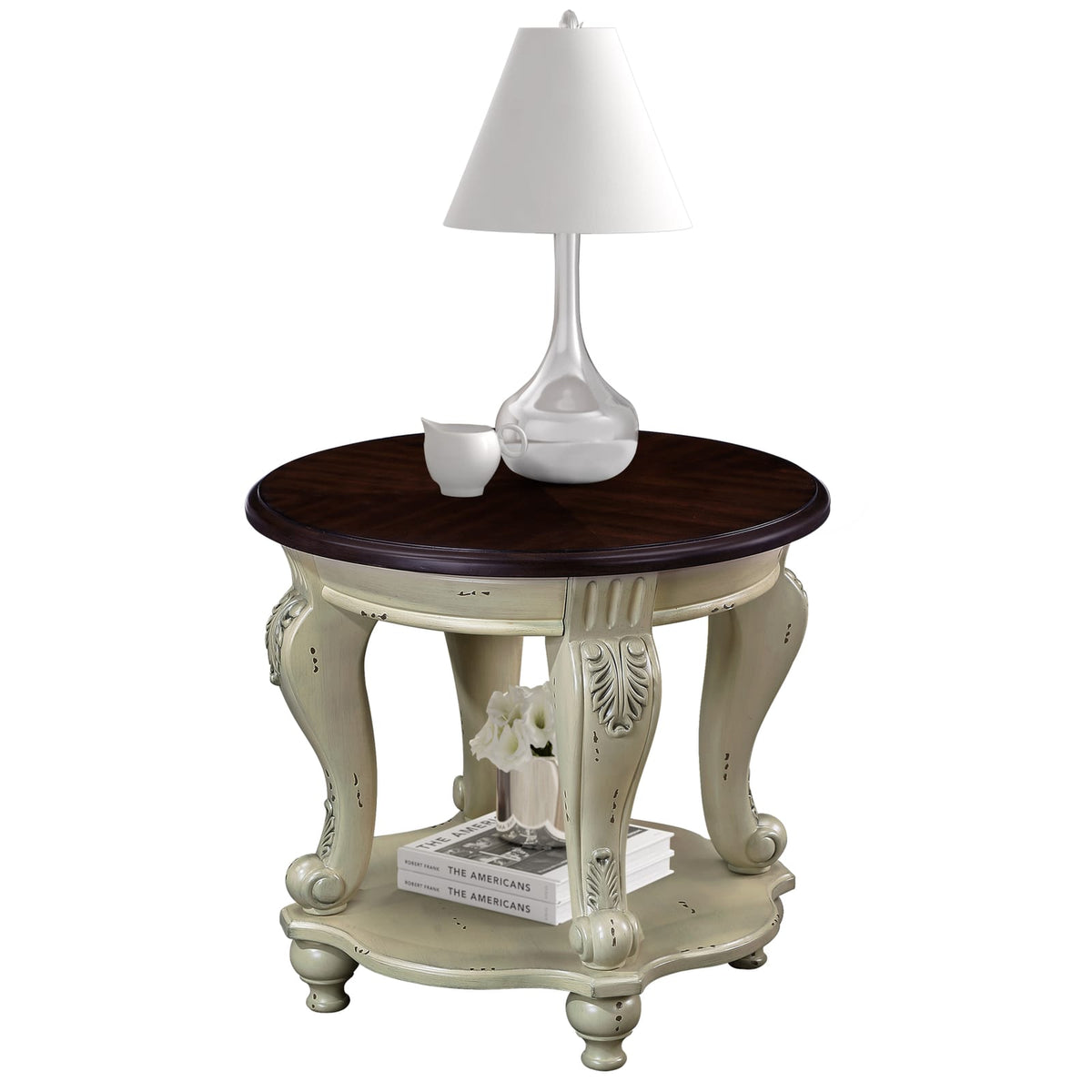 22 Inch Round End Table Beige Rubber Wood Sofa Side Table with Shelf for Living Room