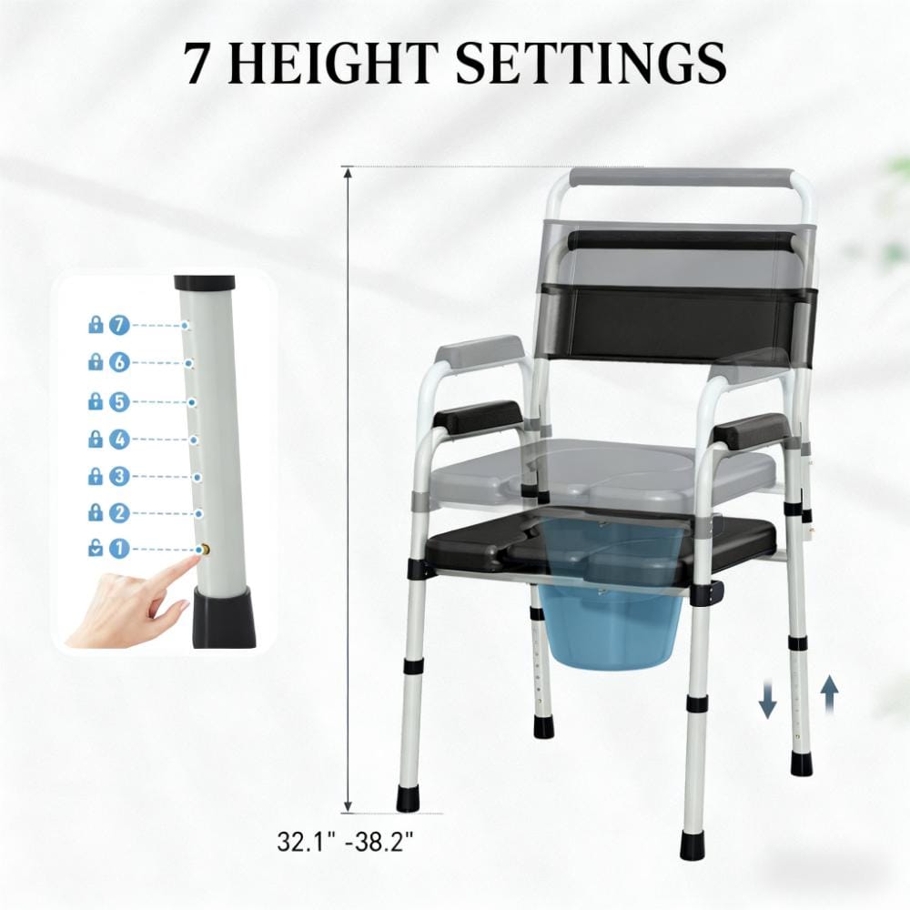 Black Adjustable Bedside Commode Chair - 331 lb Capacity