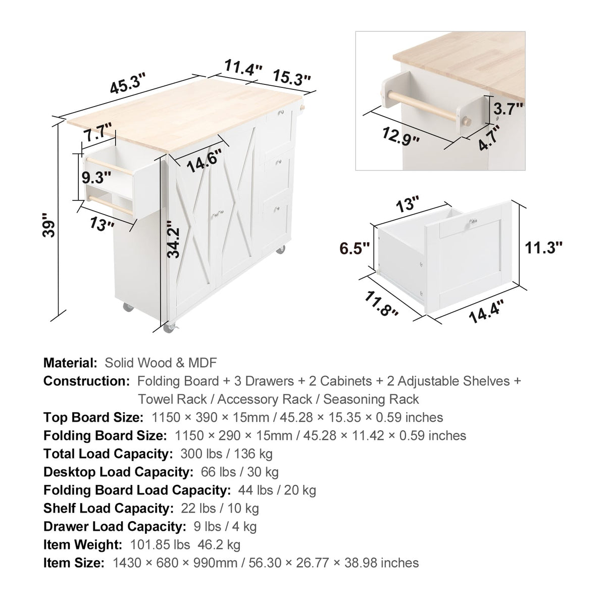 White Kitchen Island Cart - Storage Table with Wheels