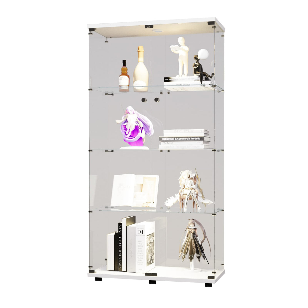 Glass Display Cabinet - 4 Shelves White for Home Office