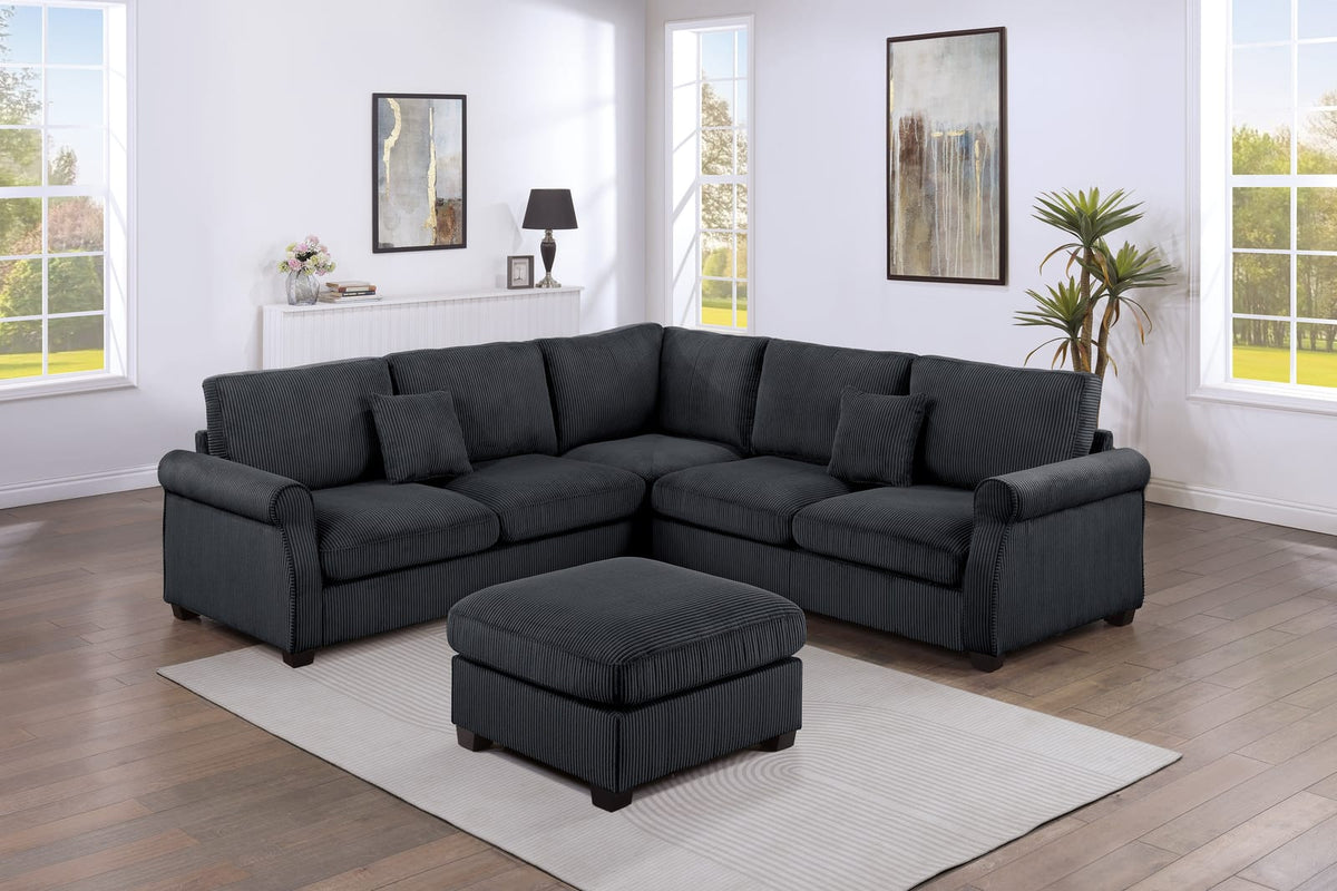 4pc Corduroy Sectional Set - Black & Matching Pillows