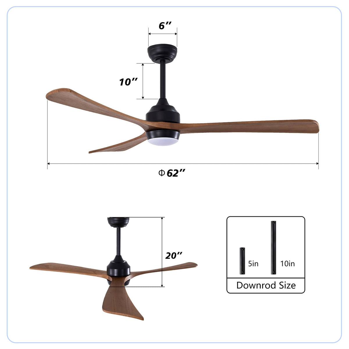 62" Solid Wood Blades Ceiling Fan with Lights - Matte Black