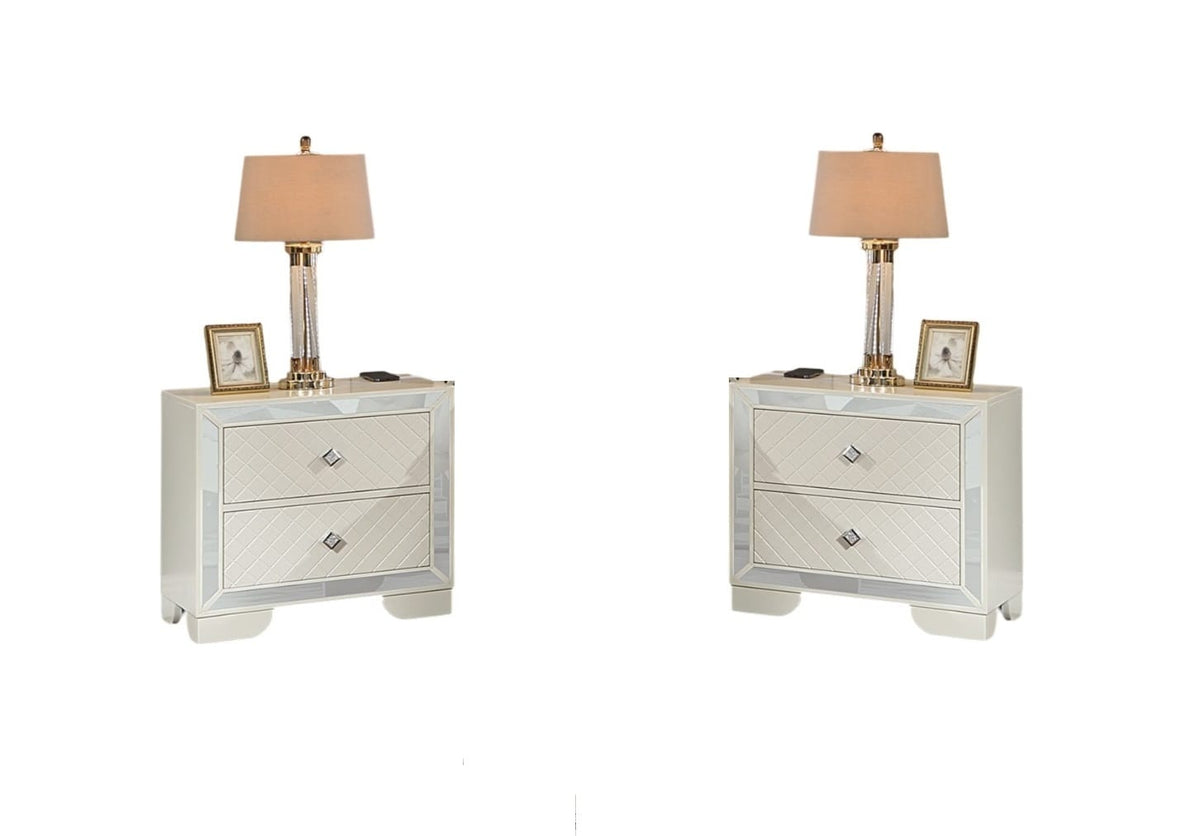 Cream Solid Wood Nightstand - 2 Drawers Storage Bedside Cabinet