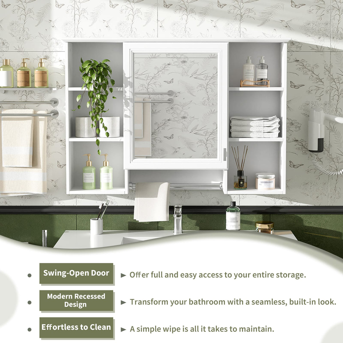 3-in-1 White Bathroom Mirror Cabinet - Wall Mounted Storage