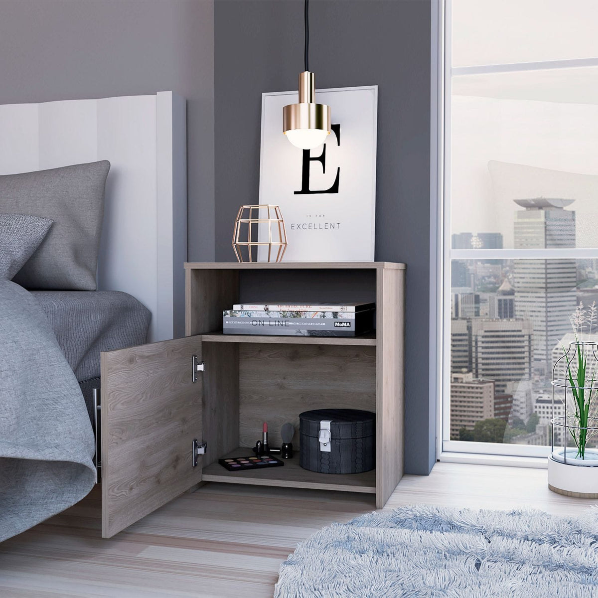 Gray Engineered Wood Nightstand - 13.5 x 19.8 x 23", Bedroom