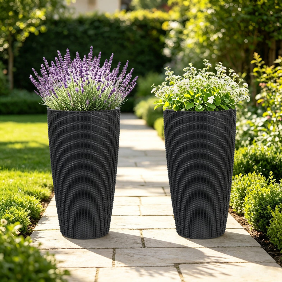 Black Polypropylene Planters - Set of 2 Tall Outdoor Planters