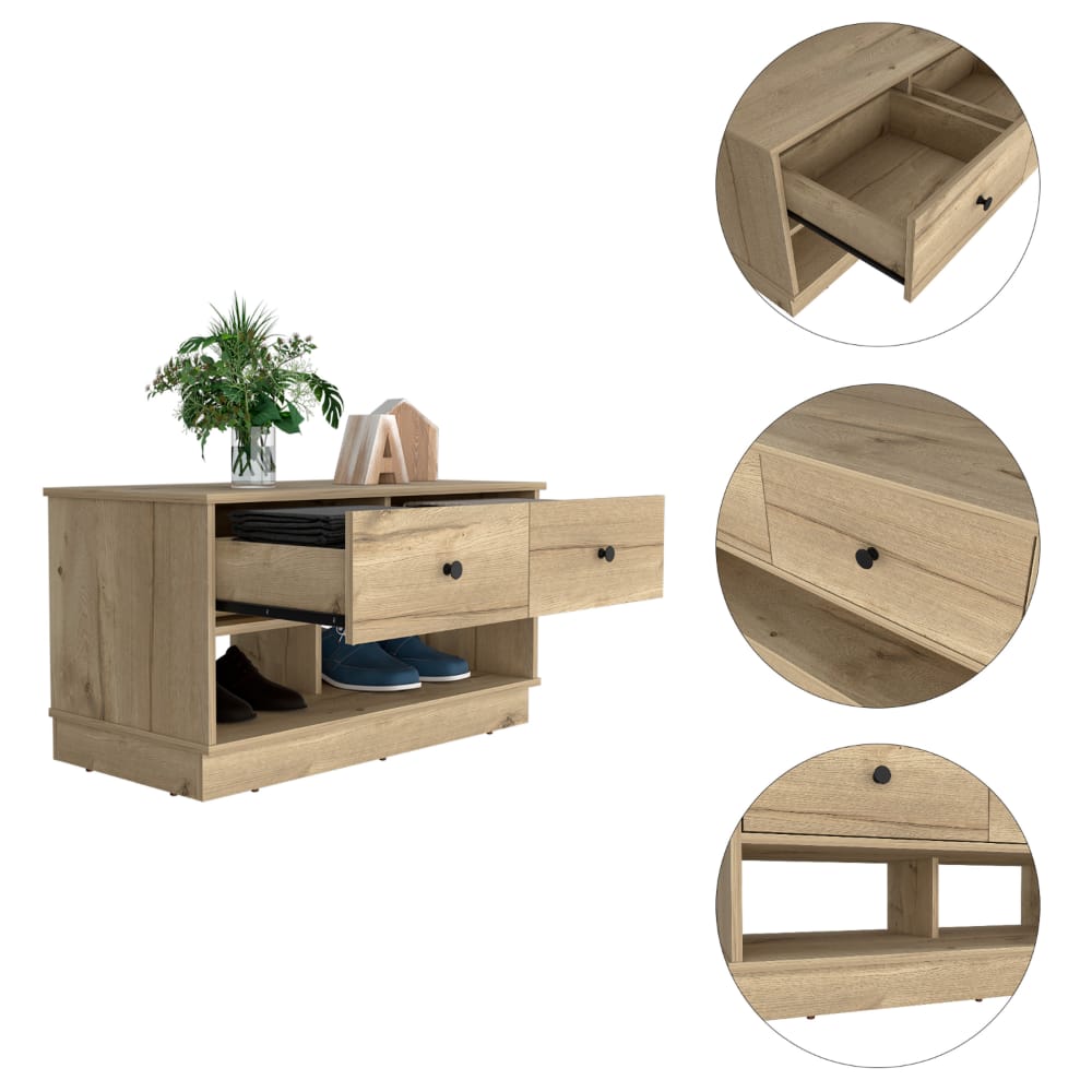 Light Oak Storage Bench with Drawers - Seating