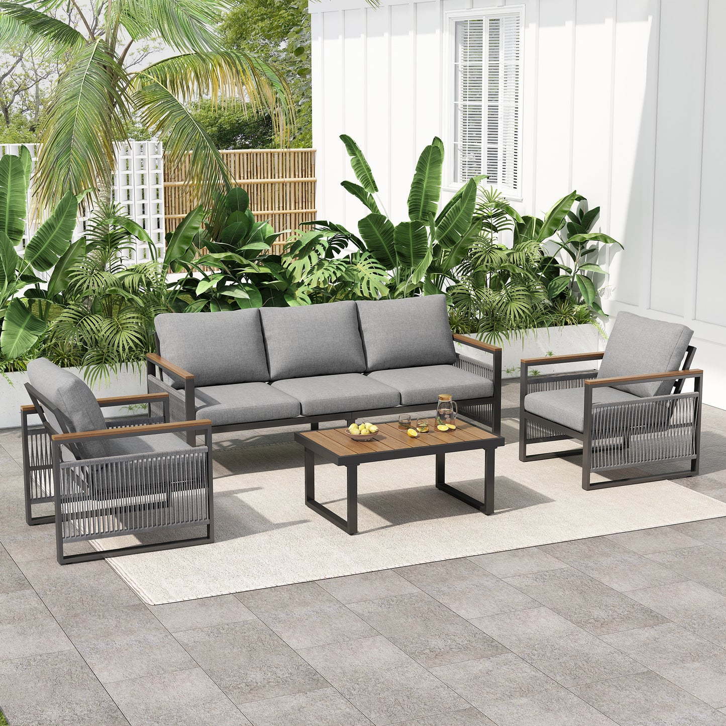 4-Piece Outdoor Metal Patio Sofa Set for 5 with Cushions, Gray and Natural