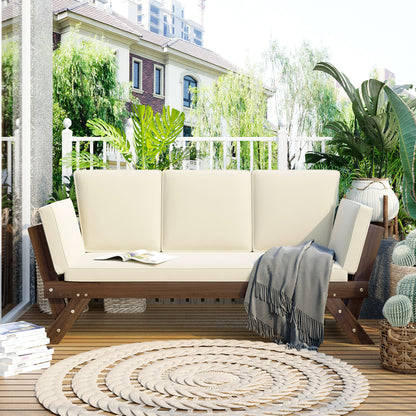Adjustable Brown Wooden Outdoor Daybed Chaise Lounge with Beige Cushions for Small Patios