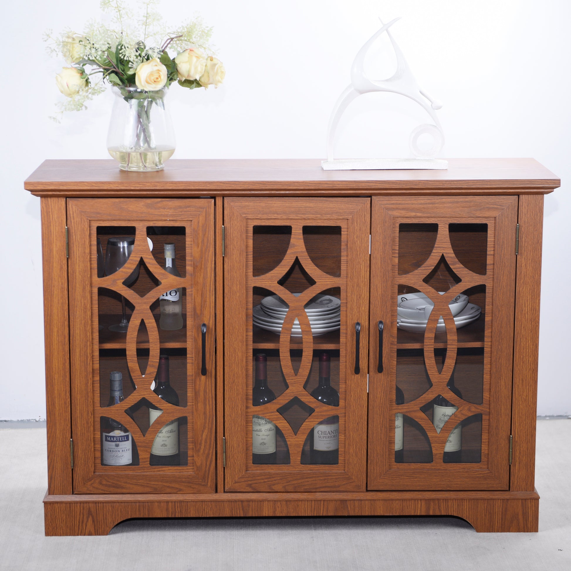 48.66" x 15.55" x 34.06" Spacious size sideboard 3 clear tempered glass doors buffet with adjustable shelf, MDF with dark OAK decorative laminates storage cabinet for dinning room, kitchen,living room