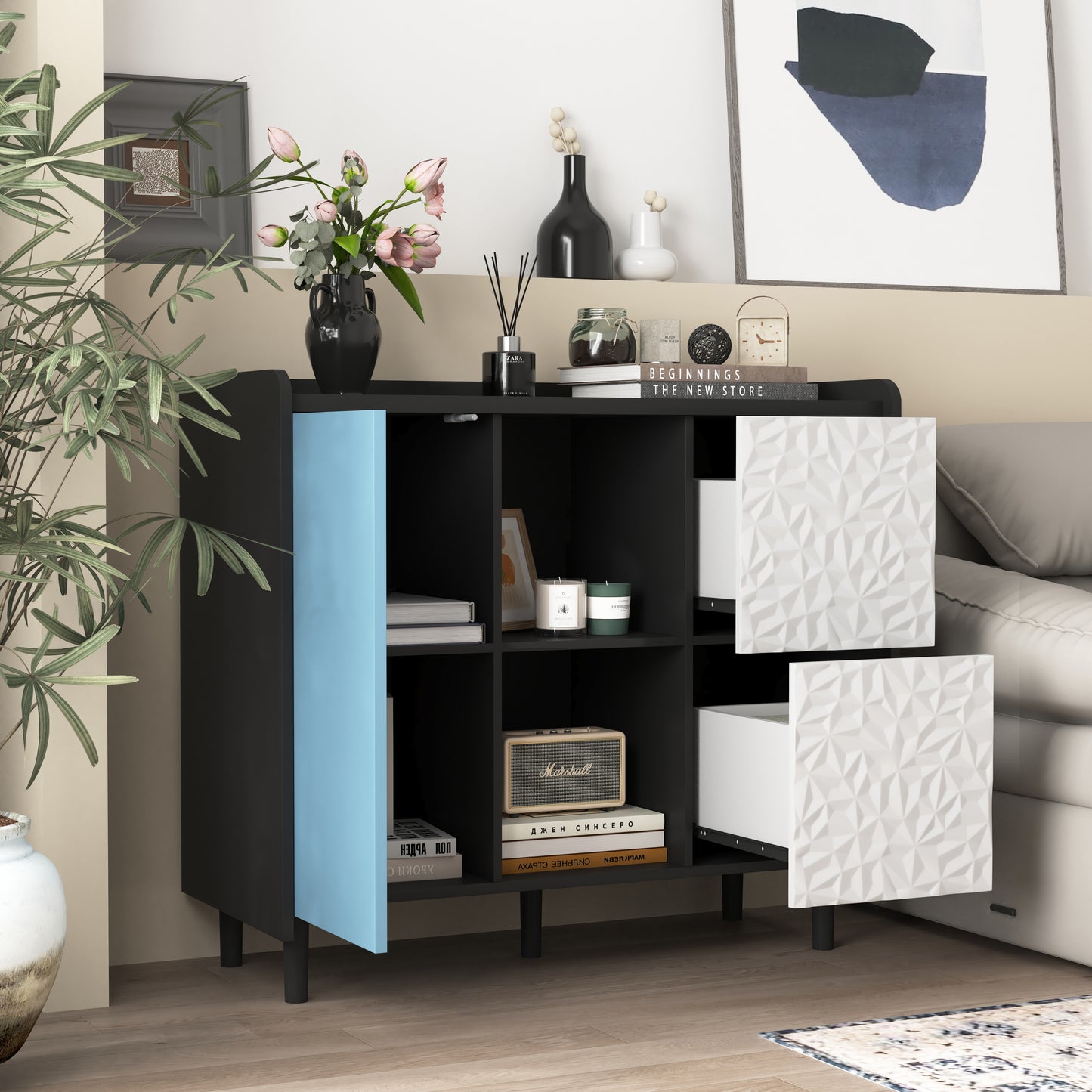 Sideboard Buffet Cabinet, Black Storage Cabinet with Red Doors , 2 Drawers with unique panel styling and 2 Open Storage Compartment, Modern Coffee Bar Cabinet Accent Cabinet for Kitchen, Dining Room,