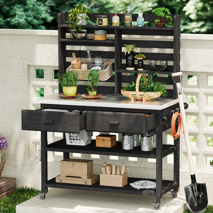 Black 64.9-Inch Outdoor Potting Bench with Hutch, Stainless Steel Top, and Lockable Wheels