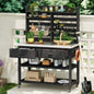 Black 64.9-Inch Outdoor Potting Bench with Hutch, Stainless Steel Top, and Lockable Wheels