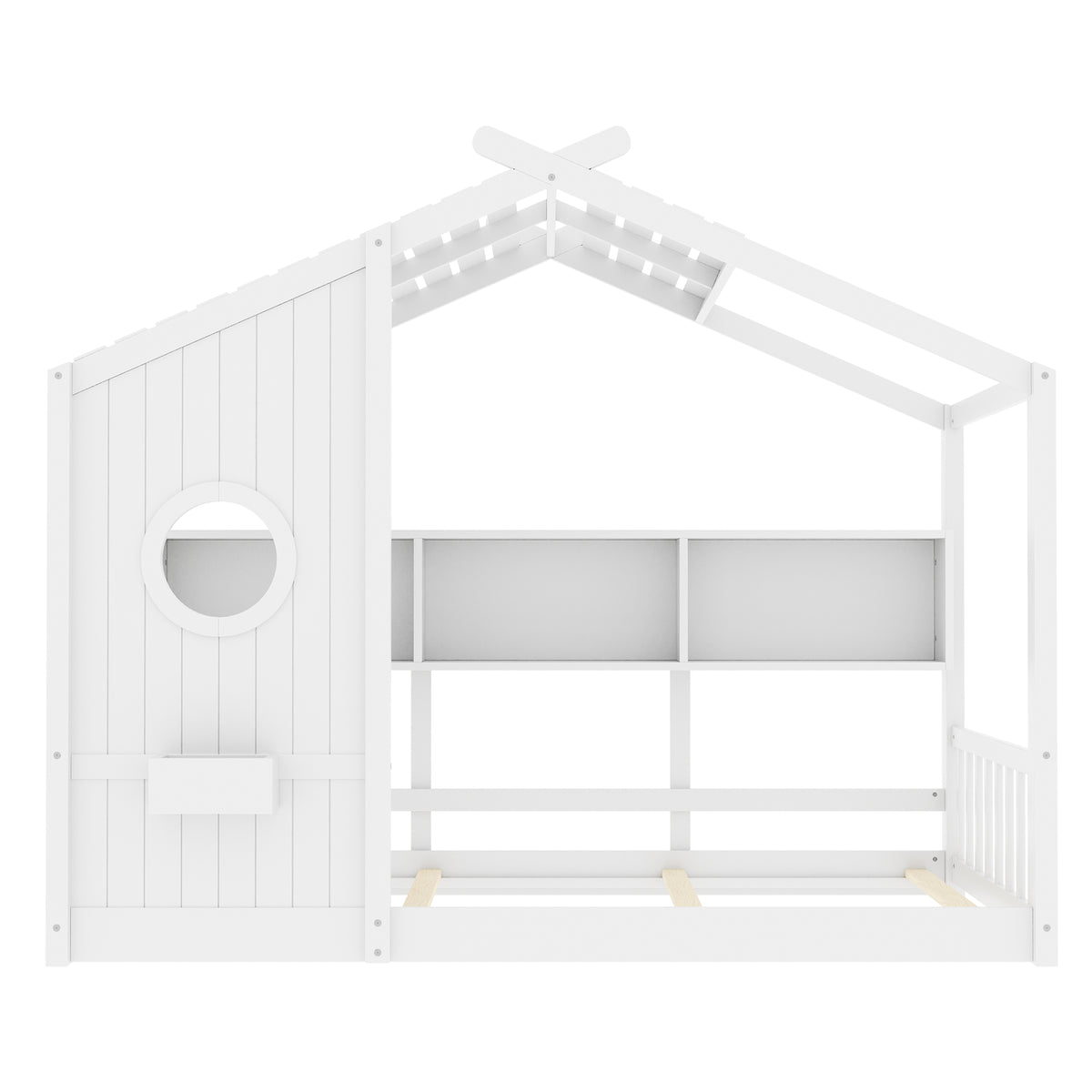 Twin Size Wooden Play House Bed with Storage Shelf for Bedroom