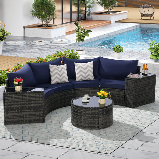 7-Piece Half-Moon Outdoor Sectional Sofa Set with Round Tempered Glass Coffee Table