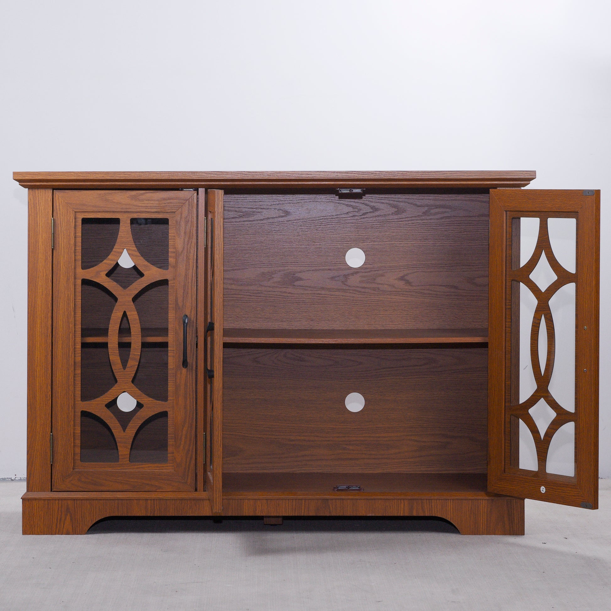 48.66" x 15.55" x 34.06" Spacious size sideboard 3 clear tempered glass doors buffet with adjustable shelf, MDF with dark OAK decorative laminates storage cabinet for dinning room, kitchen,living room