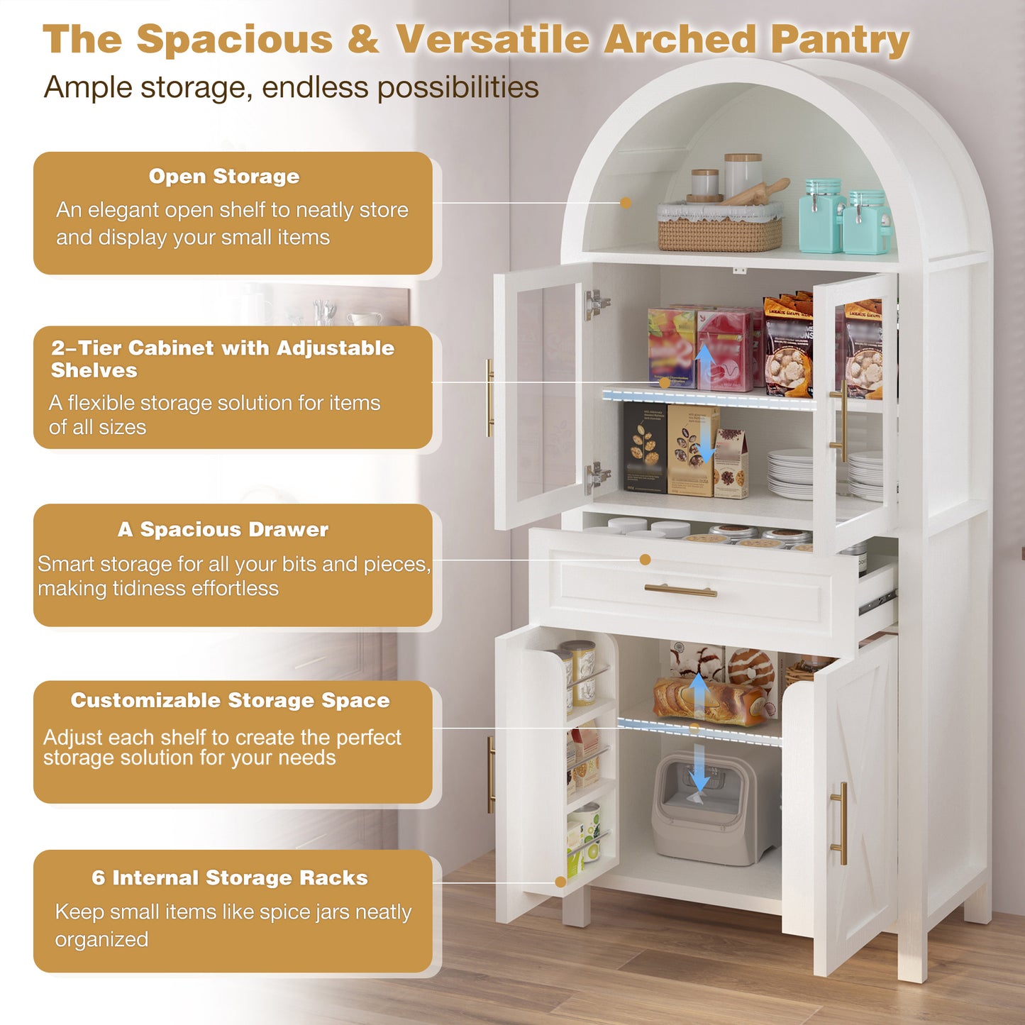 71" White Farmhouse Kitchen Pantry Cabinet with Glass Door - image 9