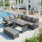 5-Piece PE Wicker L-Shaped Patio Sectional Sofa Set with Dining Table, Extendable Side Tables, and Gray Cushions