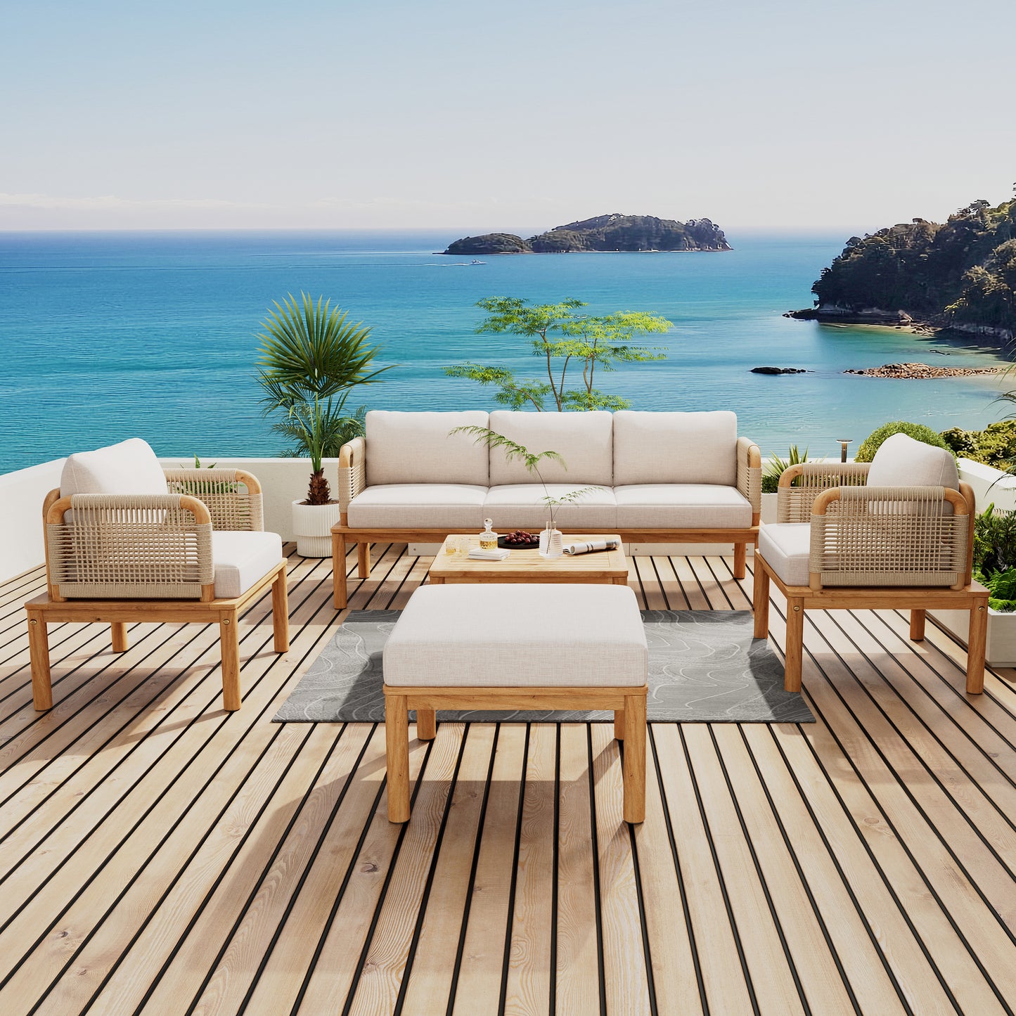 5-Piece Acacia Wood and Rope Patio Sofa Set