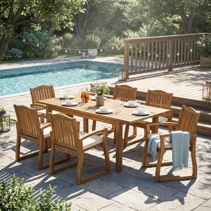7-Piece Acacia Wood Outdoor Dining Set with 6 Cushioned Chairs and Large Patio Table for Backyard, Deck, and Poolside