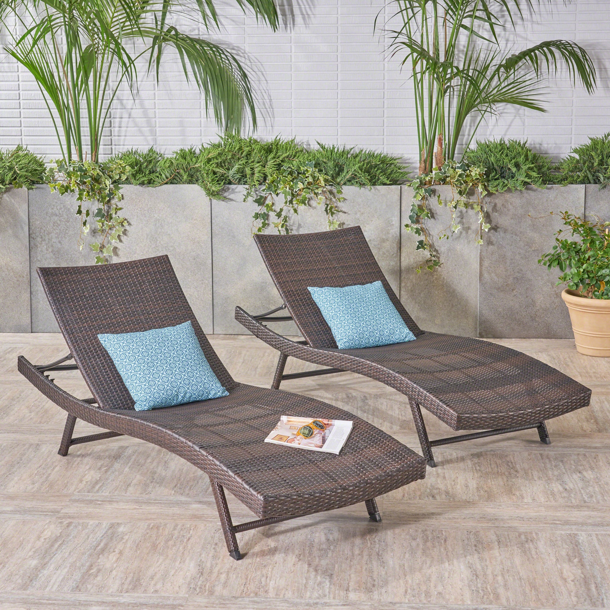 Brown Rattan Patio Chaise Lounge Set - 2 Pieces