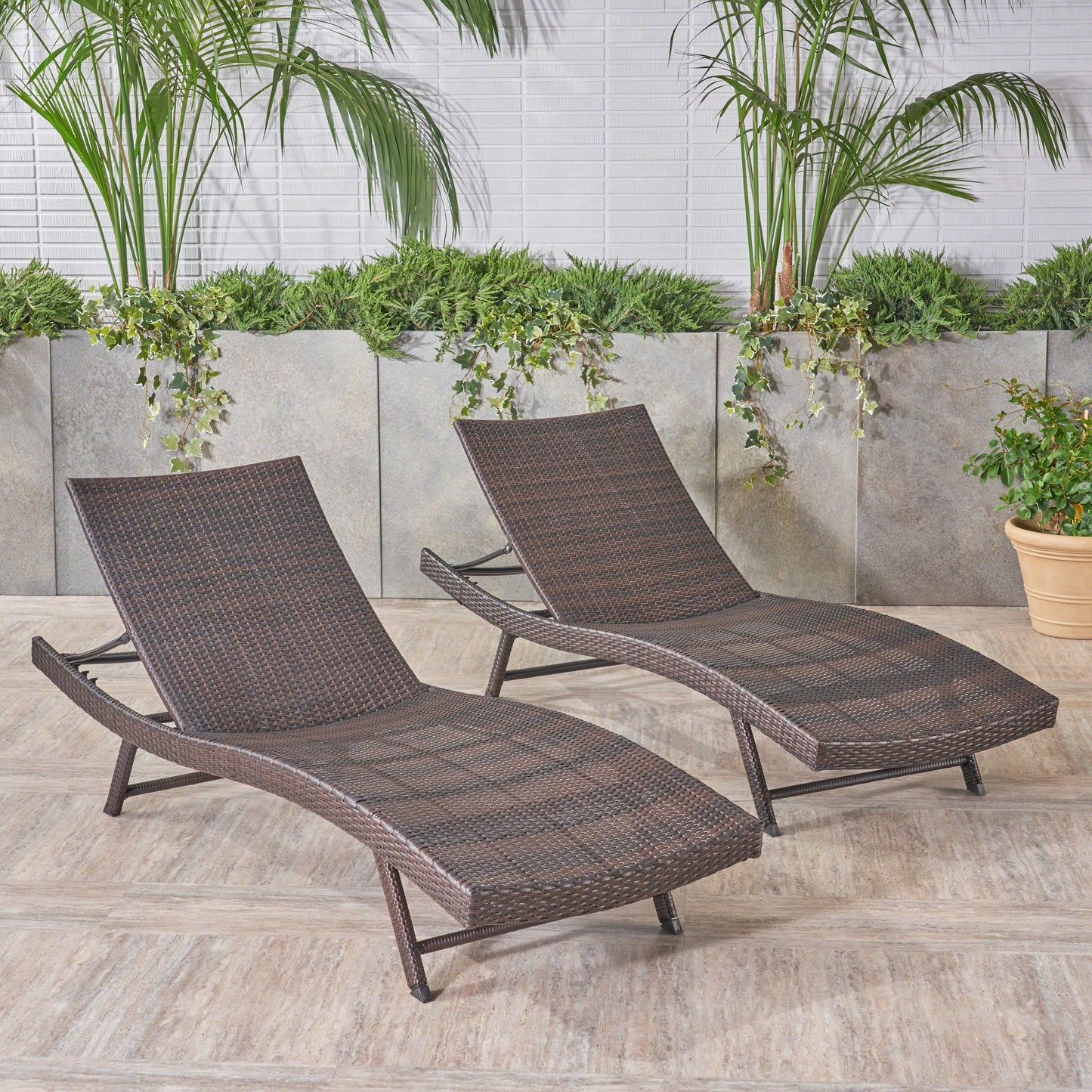 Brown Rattan Patio Chaise Lounge Set - 2 Pieces