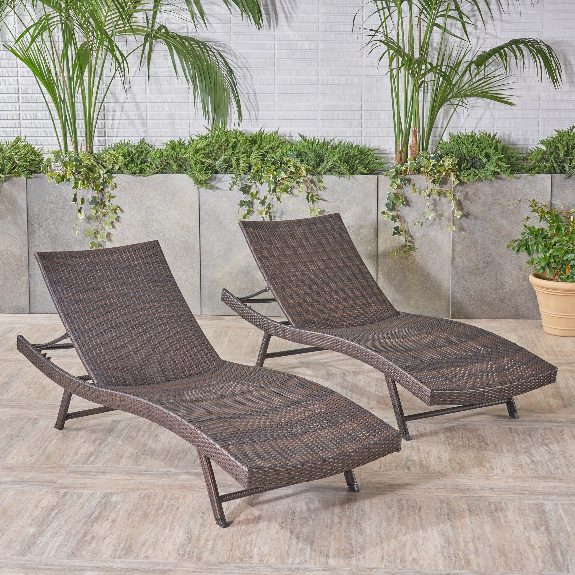 Brown Rattan Patio Chaise Lounge Set - 2 Pieces