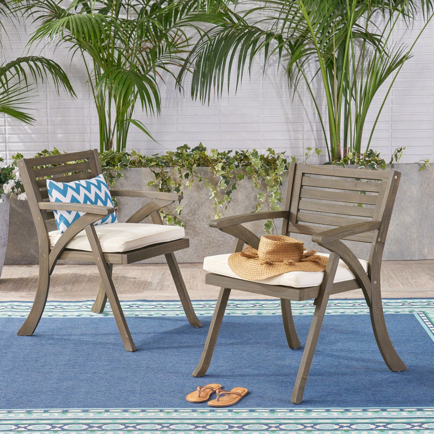 Helen Outdoor Acacia Wood Dining Chair, Gray and Crème(Set of 2)