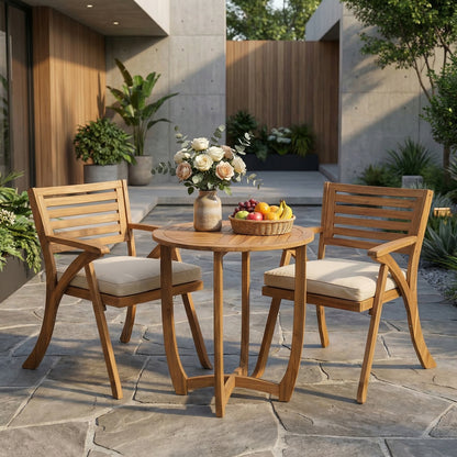 Outdoor Hermosa 3 Pieces KD Wood Dining Set With Cushions,Teak Finish