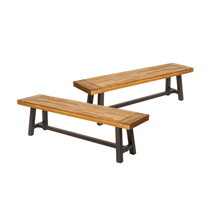 Brown Acacia Wood Outdoor Patio Bench Set of 2 | Modern Industrial