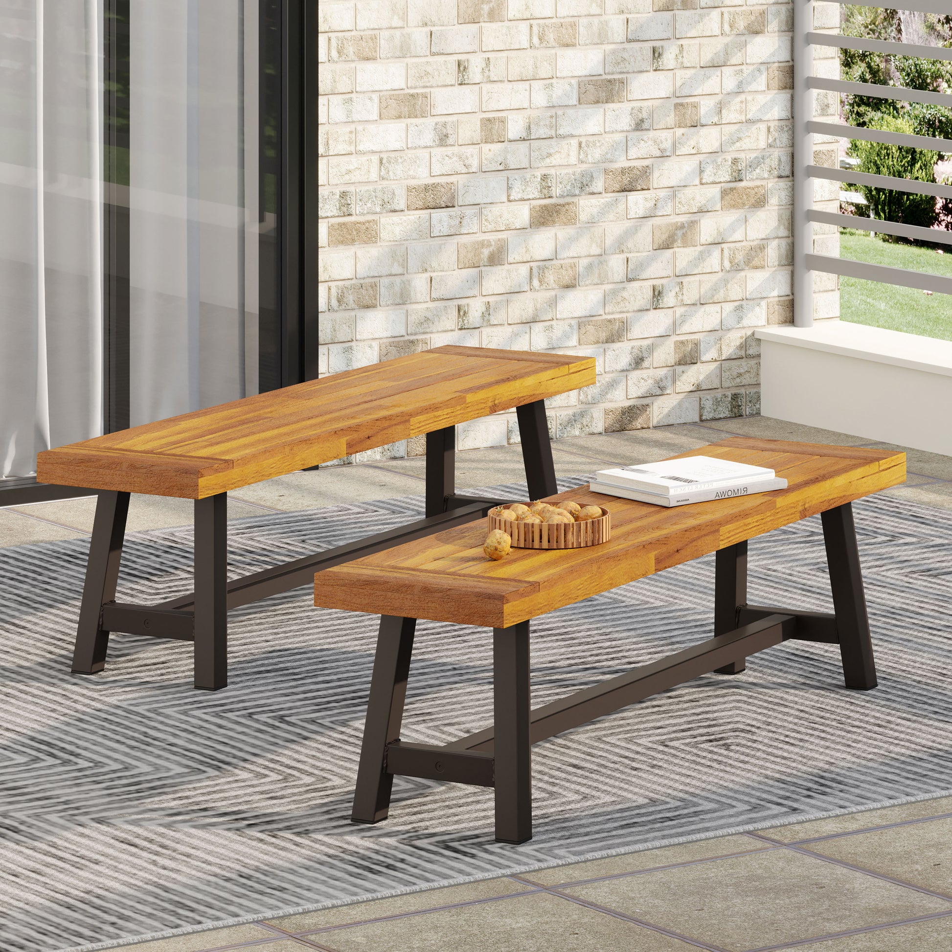 Brown Acacia Wood Outdoor Patio Bench Set of 2 | Modern Industrial