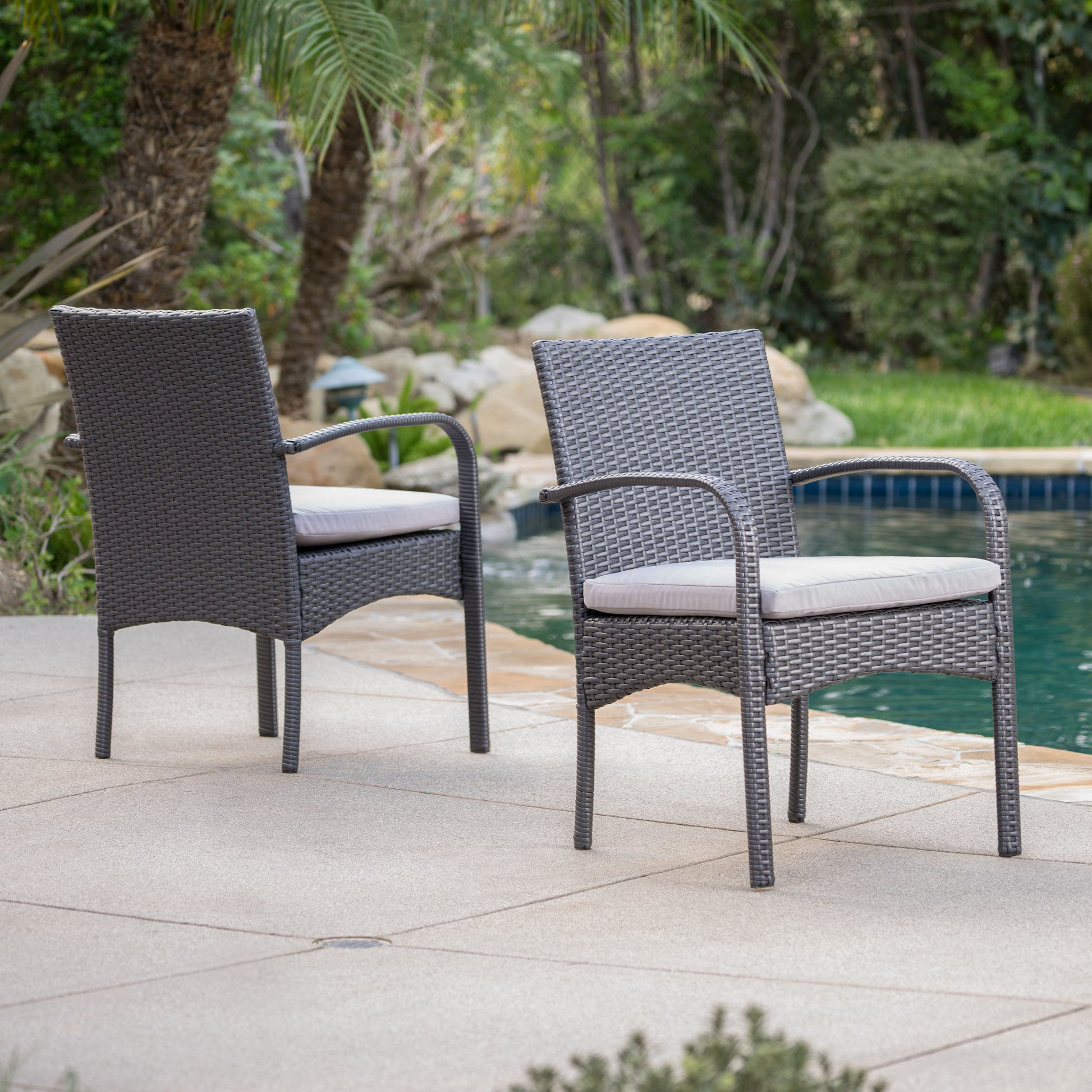 Grey PE Rattan Patio Dining Chairs Set of 2